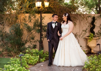 Garden Tuscana Reception Hall event in Mesa showing Roxana and Juan evening wedding photos in courtyard