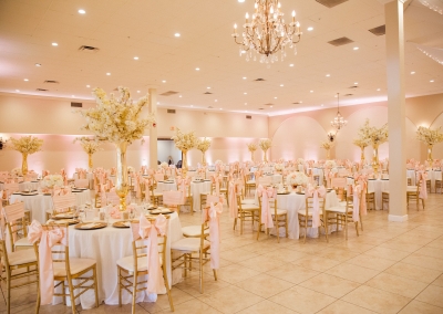 Garden Tuscana Reception Hall event in Mesa showing pink and white decorated wedding reception hall