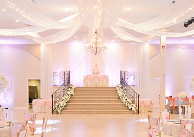 Garden Tuscana Reception Hall event in Mesa showing head table and dancefloor in ballroom
