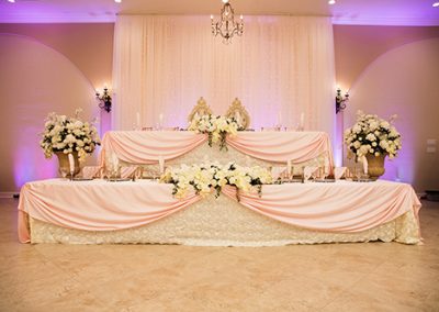 Garden Tuscana Reception Hall event in Mesa showing head table in ballroom reception