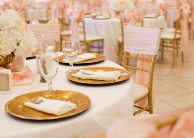 Garden Tuscana Reception Hall event in Mesa showing blush wedding table settings