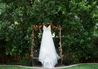 Garden Tuscana Reception Hall event in Mesa showing brides gown hanging outside