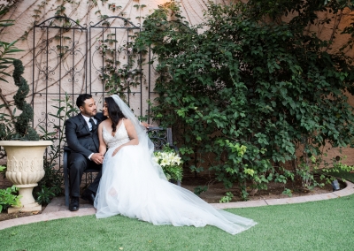 Garden Tuscana Reception Hall event in Mesa showing bride and groom in garden