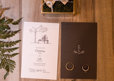 Garden Tuscana Reception Hall event in Mesa showing wedding rings on top of invitation