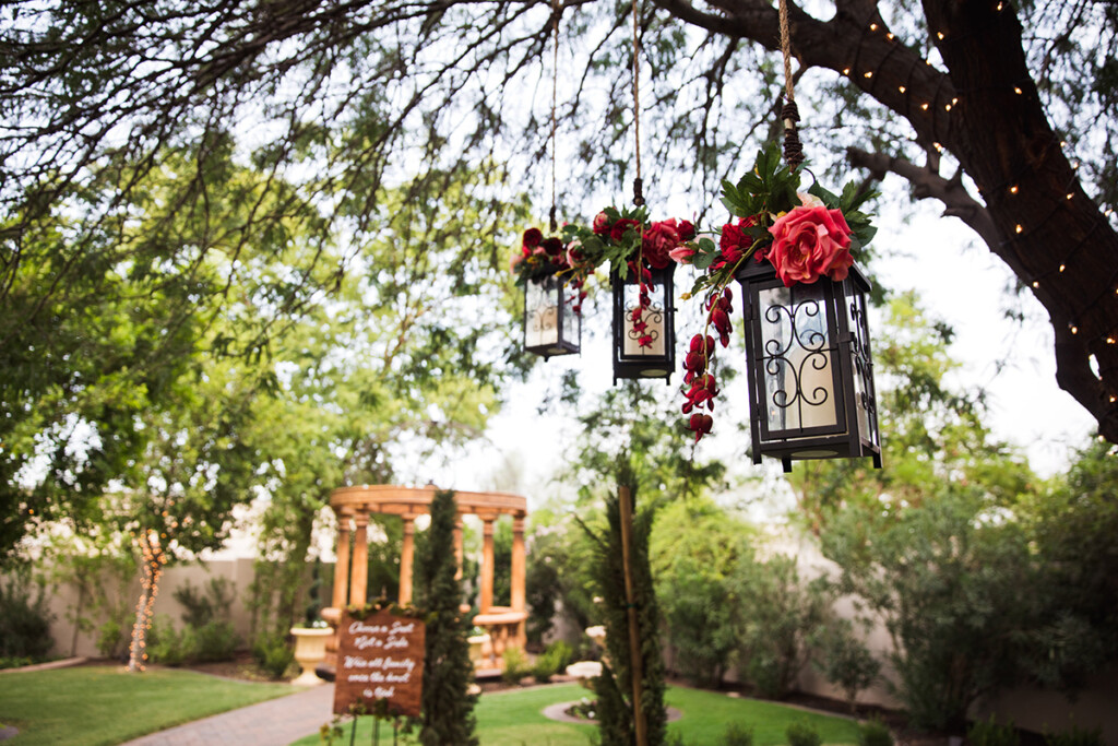 Garden Tuscana wedding venue in Mesa with greenery, water features and a brick pathway